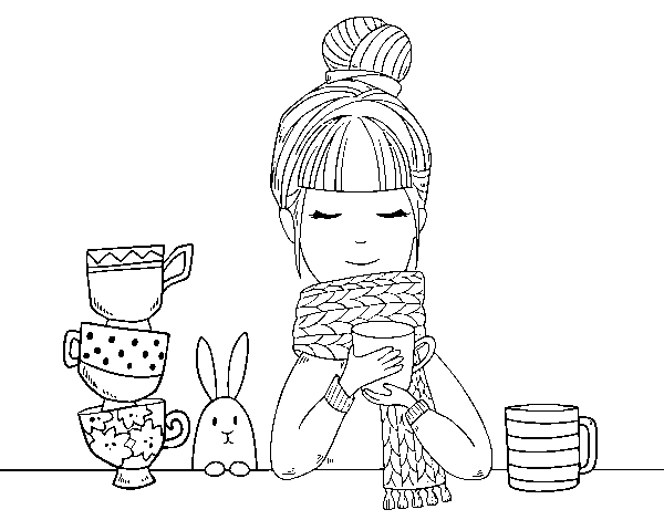 Coloriage de Fille avec un foulard et une tasse de thé pour Colorier
