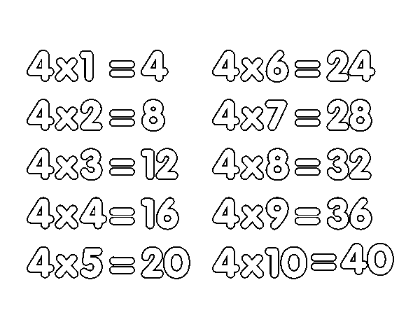Coloriage de La table de multiplication du 4 pour Colorier